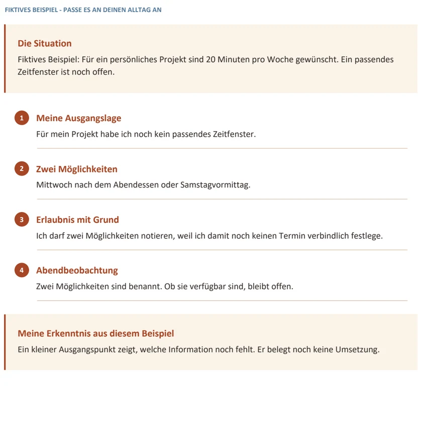 Erfundenes Beispiel aus dem deutschen Guide: Erklärung, Erlaubnis, Handlung, Abendfrage und persönliche Erkenntnis.