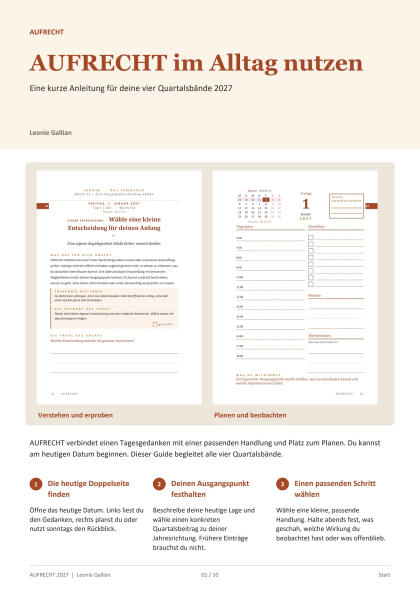 Première page du mini-guide AUFRECHT · Deutsch