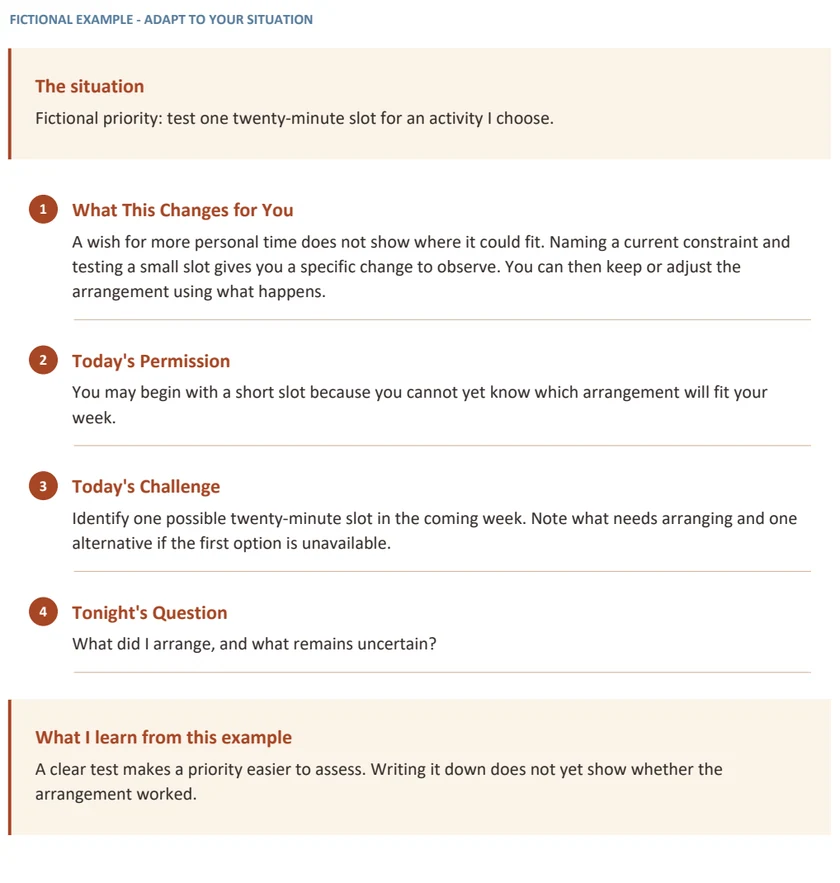 Fictional example from the English guide: explanation, permission, action, evening question and practical takeaway.