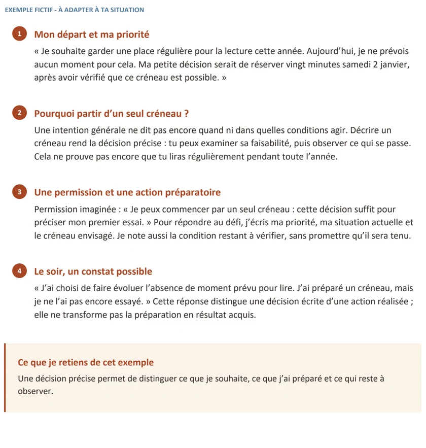 Exemple fictif du guide français : explication, permission, action, question du soir et enseignement à retenir.