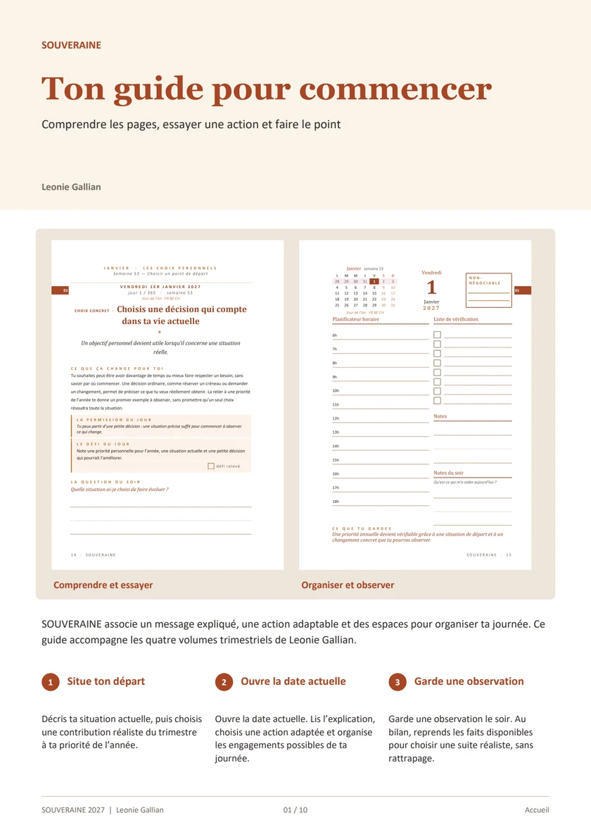 Première page du guide illustré SOUVERAINE, avec une vraie double page du planner.